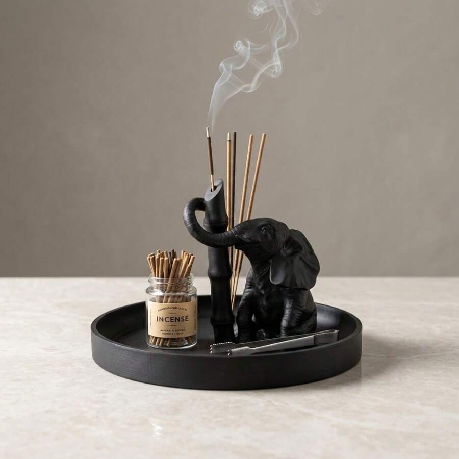 Black Sitting Elephant With Curved Trunk Incense Holder, Paired With Round Ash Tray, Zen Style, Tea Room Study Desk Incense Decoration Ornament - Multicolor - View 1