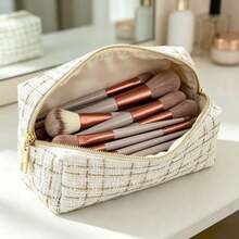 1pc Large Capacity Plaid Handheld Woven Cosmetic Bag, Large Capacity Portable Toiletry Storage Bag, Makeup Case, Travel Bag - Black - View 15