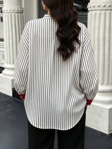 Plus Size Women's Elegant Striped Contrast Placket Shirt, Stand Collar Gold Button Contrast Cuff, Simple Chic Commute Office Casual Blouse - Multicolor - View 5