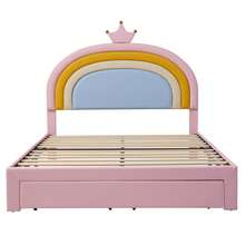 Padded Children's Bed 140 X 200 Cm, Pink, With Rainbow Crown Headboard, Height Adjustable To 2 Levels, Drawer At The Foot, Easy-To-Clean PU Cover And Load Capacity Up To 220 Kg - Pink - View 7