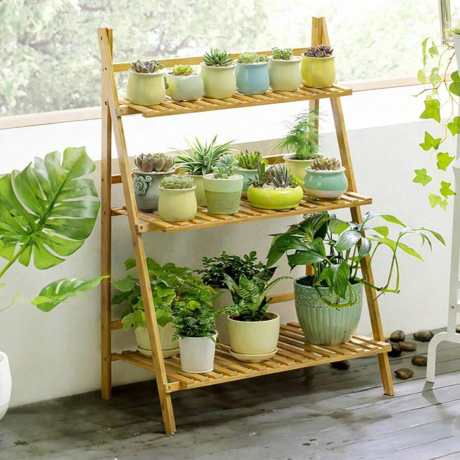 Foldable Indoor Plant Stand, Movable Flower Pot Rack For Balcony, Living Room, Entry Outdoor Decor - Wood Color - View 1