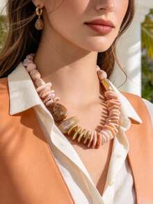 1pc Vintage Luxury Style Faux Shell Pink Tone Asymmetrical Crushed Stone Beaded Necklace For Women, Evening Party, Daily Commute - X-1917 - View 3