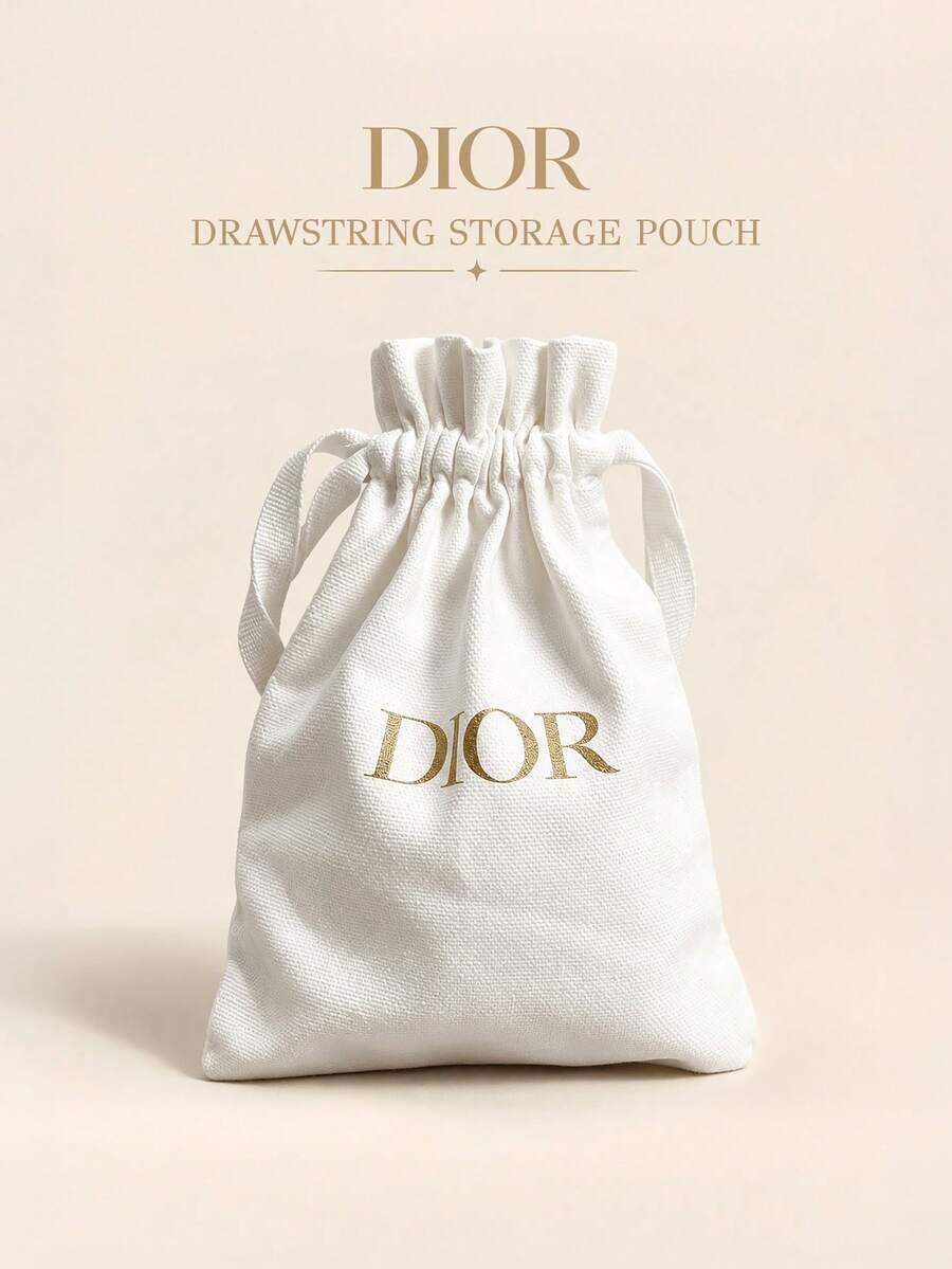 Dior White Fabric Drawstring Storage Pouch, Soft Reusable Portable Cosmetic Organizer For Makeup, Jewelry, Travel & Small Accessories - White - View 1