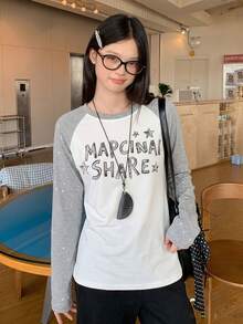 Y2K Millennium Style Grey & White Contrast Raglan Sleeve Letter & Star Print Rhinestone Long Sleeve Top Women Autumn/Winter Loose Casual Versatile - Gray and White Splicing - View 5