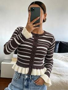 Women's Vintage Striped Cardigan Sweater Long Sleeve Button Front Ruffle Hem Knit Top For Fall Winter - Coffee Brown - View 3