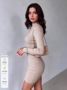 SUNSTORY Women's Autumn Semi-High Neck Ribbed Knit Mini Dress, Long Sleeve Slim Fit Bodycon Dress, Elegant Commuter Style, Suitable For Party, Graduation Ceremony, Social Gathering, New Year Outfit - Khaki - View 7