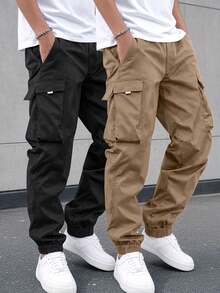 2pcs/Set Tween Boys Designer Minimalist Fashion Casual Streetwear Daily Cargo Pants - Multicolor - View 9