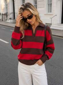 Women's Striped Polo Collar V-Neck Pullover Sweater Casual Preppy Style Knit Top - Red and Brown - View 3