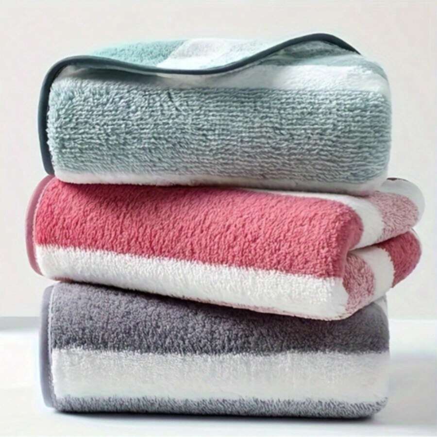 Super Absorbent Quick-Drying Striped Towel, 100% Polyester, Modern Style, Rectangular, Machine Washable And Hand Washable, Suitable For Home, Hotel And Spa - Modern Bathroom Essential - Multicolor - View 1