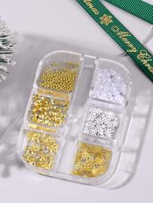 6-Grid Christmas Nail Art Decorations, Gold Star Bow Snowflake Metal Rivets, White Pearl & Gold Micro Beads, Winter Holiday DIY Nail Decor - Multicolor - View 9