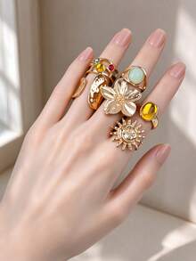 8/15Pcs/Lot Fashion Exquisite Elegant Large Flower Faux Pearl Women Rings Starfish Geometric Irregular Gifts Daily Autumn Winter Outfits Wearing - Irregular Flower Gold Tail Ring - View 9