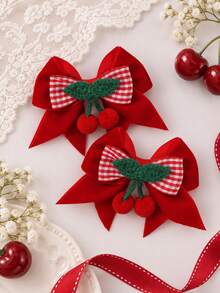 2pcs Plaid Cherry Bow Hair Clips For Girls, Cute Hairpin, Party Daily Hair Accessories - Multicolor - View 2