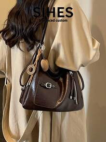 1pc Solid Color PU Leather New Women's Backpack, Shoulder Bag, Crossbody Bag, Tote Bag, Fashion Square Design, Zipper Closure, Dual Handles, Suitable For Commuting, Shopping, Dating, - Coffee - View 7