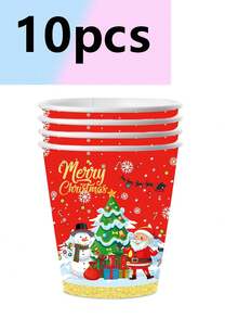 10pcs Red Santa Claus Themed Party Tableware, Paper Cups, Paper Plates, Tissues, Christmas Decorations - Multicolor - View 7