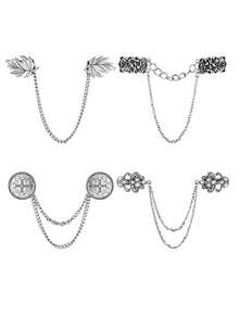 2/4Pcs Vintage Alloy Shawl Clips With Chain, Maple Leaf & Floral & Round Pattern Sweater Cardigan Collar Clasp, Autumn Winter Retro Clothing Accessory - Silver - View 8