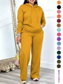 Women's Casual 2 Pieces Set Solid Color Elegant Long Sleeve Hooded Drawstring Pocket Sweatshirt And Straight Leg Pants Set, Lightweight And Soft, Suitable For Spring, Summer, Autumn - Yellow - View 2