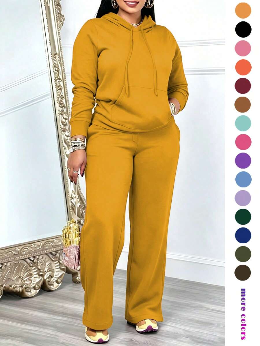 Women's Casual 2 Pieces Set Solid Color Elegant Long Sleeve Hooded Drawstring Pocket Sweatshirt And Straight Leg Pants Set, Lightweight And Soft, Suitable For Spring, Summer, Autumn