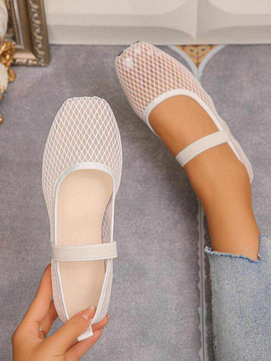 Women's White Mesh Breathable One-Strap Mary Jane Square Toe Flat Ballet Shoes Autumn Footwear - White Mesh - White Grid - View 1