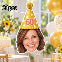 8/16/24pc Custom Face Photo & Text Birthday Banner, Personalized Portrait Cutout Bunting Garland With Number Party Hat, Milestone Birthday Party Decor,Photograph Backdrop - Multicolor - View 30