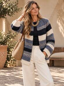 Women's Fashion Loose Casual Comfortable Retro Striped Contrast Color Cardigan - Multicolor - View 9