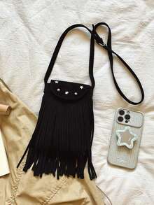 Tas Selempang Bahu Rumbai Dua Sisi Gaya Bohemian Minimalis Personalisasi Vintage dengan Finishing Matte - Hitam - View 8