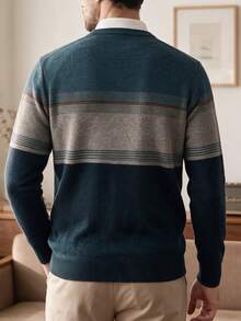 Men Color Block Quarter Zip Sweater, For Fall Winter, Long Sleeve Top - Green - View 5