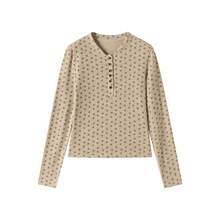 Women's Henley Collar Button Ditsy Floral Long Sleeve T-Shirt, Korean Style Knitted Base Layer Top, Autumn Blouse - Apricot - View 8