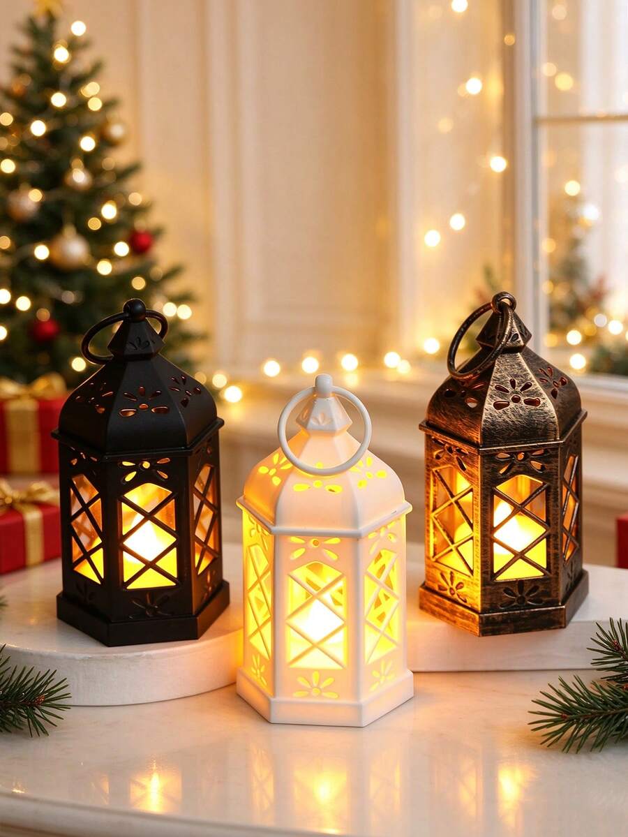 1PC Retro Hollow LED Mini Lantern Flickering Fake Candle Light, LED Candle Lantern,Battery Operated,Party Lantern Ornament, Hanging Lantern Lamp For Wedding Christmas Ramadan Eid Table Home Party Decor,Holiday Table Home Decor,Christmas Decor Light - Pavilion-style - View 1