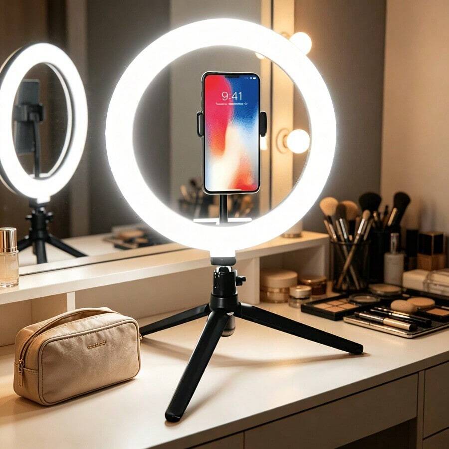 10-Inch Ring Light With Phone Holder + Rotatable Tripod, 3 Color Temperature Settings, Suitable For Selfie/Live Streaming/Video Lighting, LED Beauty Light - A - View 1