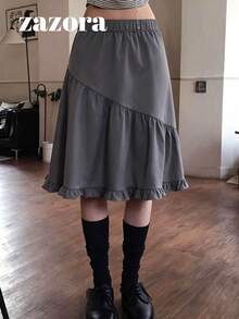 Korean Style Slouchy Chic Elastic Waist Slimming Versatile Casual Asymmetrical Ruffle A-Line Midi Skirt For Women - Grey - View 9