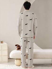2pcs/Set Men's Pajamas Loungewear Set, Lapel Cardigan Cute Couple Style Long Sleeve Long Pants, Easy Care Fabric - Black and White - View 3