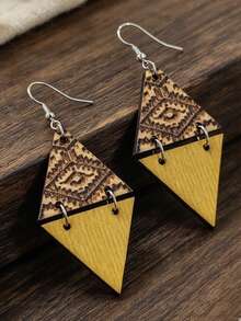 1 Pair Geometric Triangle Patchwork Wooden Ear Hooks, Vintage Totem Bohemian Wooden Slice Earrings - Brown - View 5