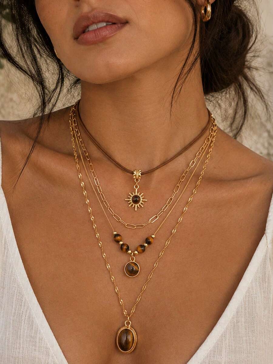 4pcs/Set Vintage Design Maillard Tiger Eye Stone Multi-Layer Stackable Necklace Set, Casual Women's Neck Jewelry, Suitable For Daily Wear And Vacation Party - Multicolor - View 1