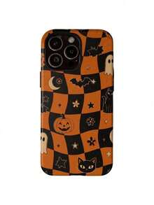 1pc Black Orange Checkered Pumpkin Halloween 2-In-1 Film Phone Case,Compatible With IPhone 18 Pro Max 17 Pro Max 16 Pro Max 15 Pro Max 14 Pro Max & 11/12/13/14/15/16/17/18 Pro/Plus - Multicolor - View 2