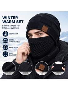 2026 New Unisex Winter Fleece-Lined Cold-Weather Mask & Hat Set – Features An Elastic Drawstring Closure; Lightweight And Warm; Suitable For Cycling, Skiing, And Outdoor Sports. Includes A Solid-Color Pullover Hat, Fleece-Lined Windproof Ear Warmers - Multicolor - View 1