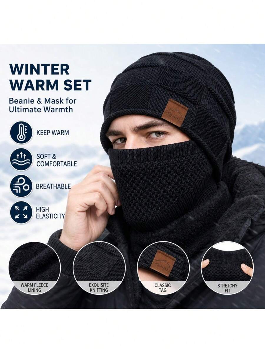 2026 New Unisex Winter Fleece-Lined Cold-Weather Mask & Hat Set – Features An Elastic Drawstring Closure; Lightweight And Warm; Suitable For Cycling, Skiing, And Outdoor Sports. Includes A Solid-Color Pullover Hat, Fleece-Lined Windproof Ear Warmers - Multicolor - View 1