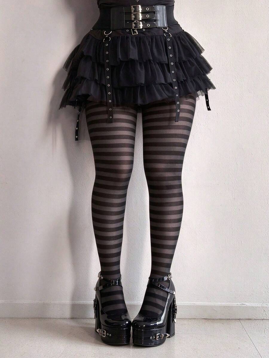 1 Pair Women's Punk Striped Semi-Sheer Pantyhose, Gothic Dark Style Horizontal Striped See-Through Tights - Multicolor - View 1
