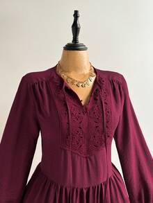 Rusttydustty Women's Red Vintage Bohemian Doll Dress, Lace Patchwork Design, Lantern Long Sleeves, Suitable For Daily Autumn Outings, Suitable For Halloween - Burgundy - View 8