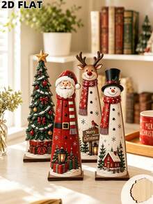 4pcs Christmas Decoration Signs, Party Decor, Perfect Holiday Gift, Desk Office, Home Decor, Christmas Decoration, Suitable For Various Occasions, Vintage Country Style, Halloween, Santa Claus, Reindeer, Snowman, Christmas Tree Set - A - View 2
