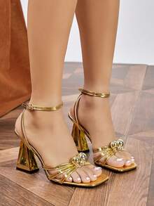 Women's Summer Fashion Elegant Gold Single Strap Buckle Round Bead Decor Square Toe Open Toe Outdoor Sandals Pyramid High Heel Sandals Suitable For Matching Dresses - Gold - View 5