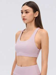 KyrLssu 女款露背短版背心，U領無袖網布後背鏤空運動內衣風背心 - 粉色 - 查看 3