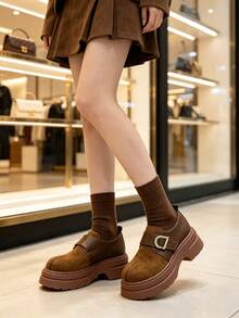 Women's Thick Sole Preppy Style Buckle & Hook And Loop Loafers - Brown - View 4