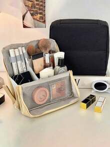Divided Vertical Makeup Bag - Large Capacity Travel Cosmetic Organizer, Multi-Functional Compartment Design, Durable Fabric, Portable Desktop Skincare & Makeup Tool Storage Box Black, Skincare Storage Bag | Unisex Makeup Bag | Sturdy Zipper Closure - Multicolor - View 2