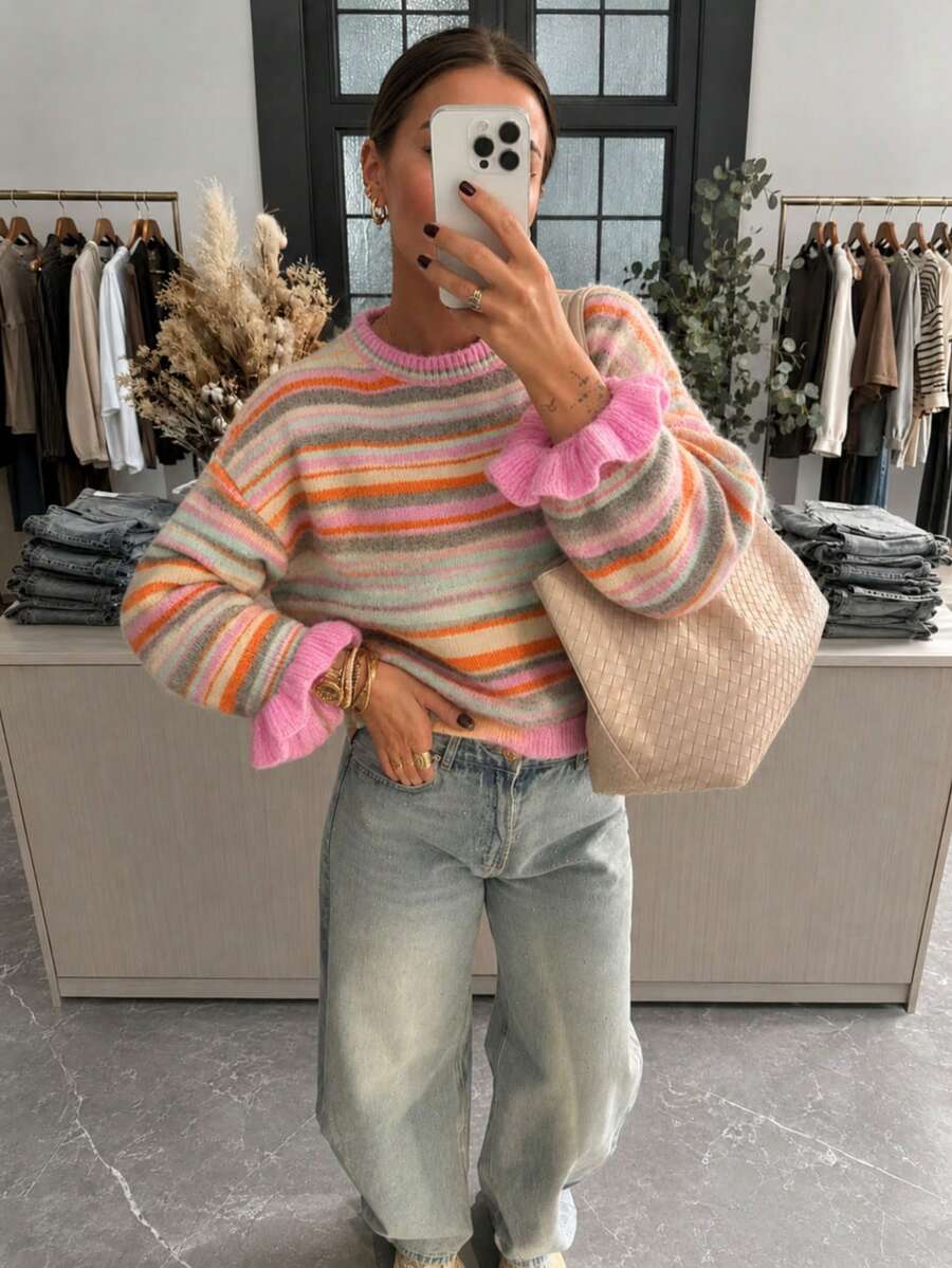 FOR BEAUTY Women's Autumn/Winter Sweater, Elegant Casual Y2K Multi-Color Striped Round Neck Ruffle Cuff Loose Pullover Top, New Year Daily Street Style - Multicolor - View 1