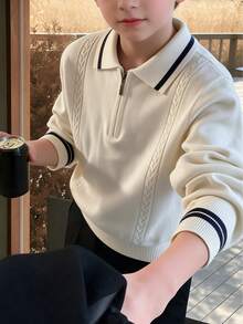 Tween Boys Half-Zip Cable Knit Polo Collar Sweater, Contrast Trim Long Sleeve Pullover - White - View 1