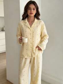 Nina Bonheur 2pcs/Set Women's Loose Comfortable Breathable Long Sleeve Top + Long Pants Cute Pajama Set - Yellow - View 6