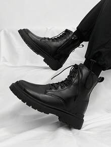 1 Pair Men's Black Matte Leather Round Toe Lace-Up Ankle Boots, Side Zipper, Thick Serrated Non-Slip Sole, Height Increase, Cargo Style Style, Versatile Thick Sole Derby Boots For Autumn/Winter - Black - View 2