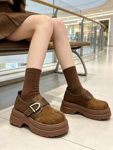 Women's Thick Sole Preppy Style Buckle & Hook And Loop Loafers - Brown - View 3