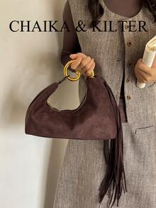1pc Fashion Suede Fabric Handbag, Suitable For Commuting, Shopping And More - Coffee - View 8