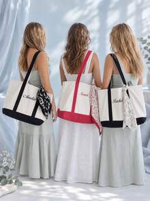 Personalized Canvas Tote Bag, Customizable Name, Embroidered Bridesmaid Beach Bag, Suitable For Bridal Party, Customized Boat-Shaped Tote Bag, Embroidered Name Bag - Multi-color Colorful Inverted Triangle Canvas Tote Bag - View 7